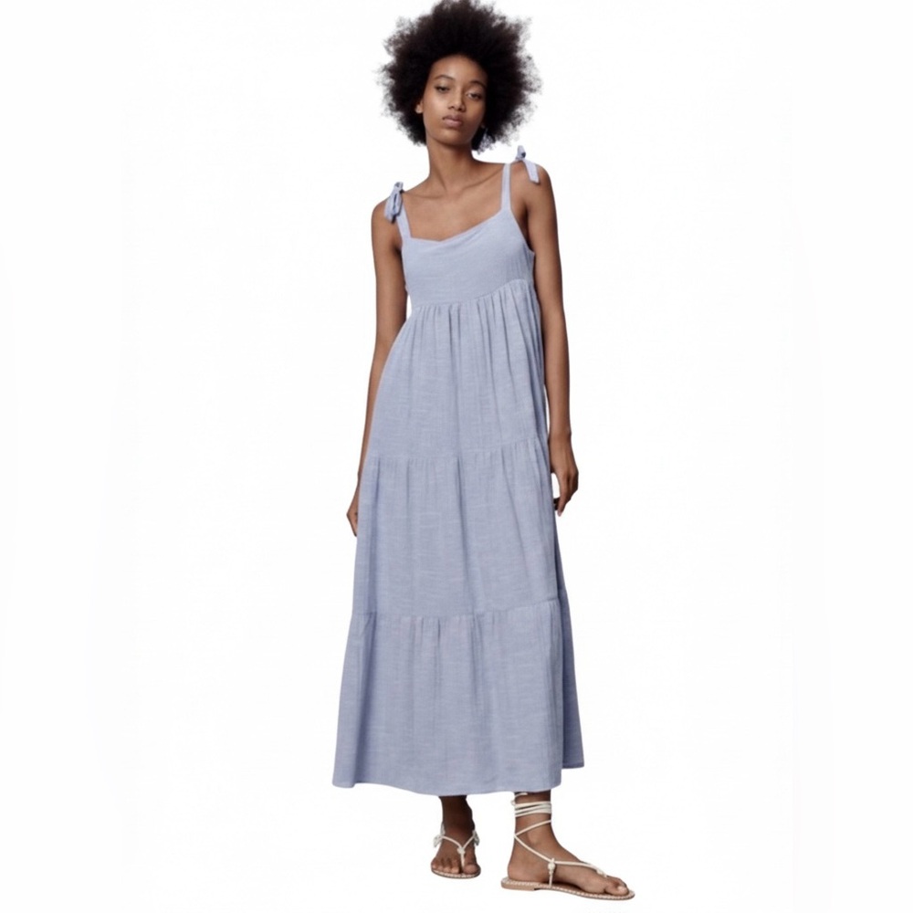 Zara Light Blue Tie-Shoulder Maxi Dress
